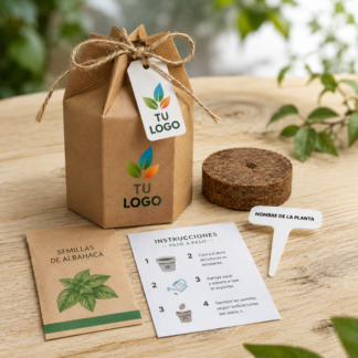 Regalo corporativo caja cartón hexagonal con disco de turba comprimida y semillas