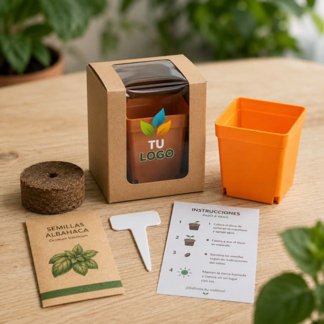 Regalo corporativo / Caja kraft transparente con macetero plástico
