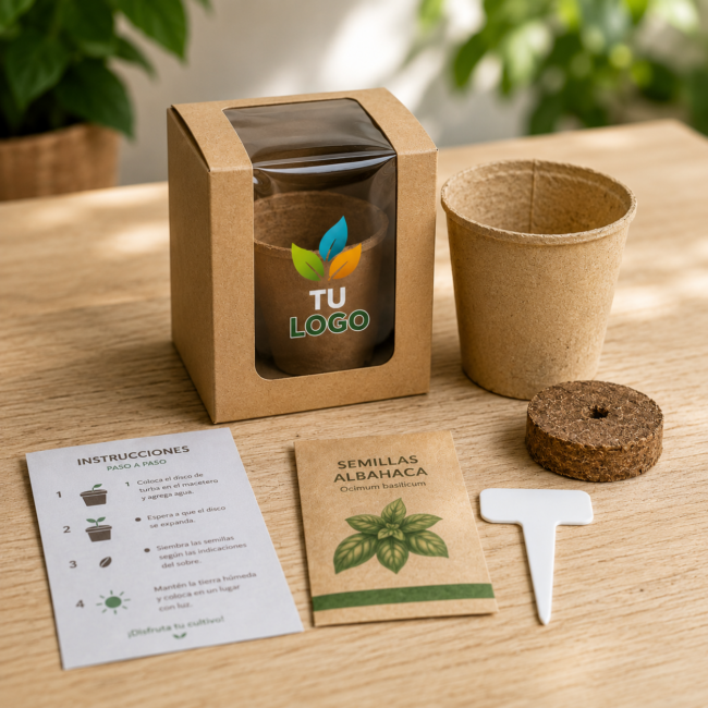 Regalo corporativo / Caja kraft transparente con macetero de papel reciclado